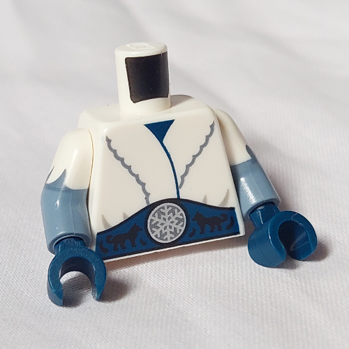 Lego Torso, Dual Molded Arms, Fur Coat, Dark Blue Belt with Snowflake print, with White Sleeves Pattern, Sand Blue Arms, Dark Blue Hands / White