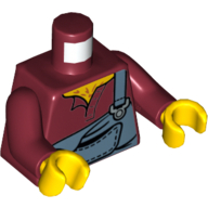 Lego Torso Torn Sand Blue Overalls over Open Shirt Print (Hank Haystack), Dark Red Arms, Yellow Hands / Dark Red
