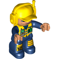 Lego Duplo Figure with Headset and Cap Yellow, with Dark Blue Arms, and Legs, Yellow Knee Pads Print, and Yellow Vest with ID Badge and Radio Print / Yellow