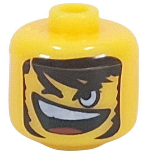 Lego Pen Bead, Round Large, Curved Edges / Cylinder with Minifig Head with Long Black Hair, Beard, Open Mouth, Wink print / Yellow