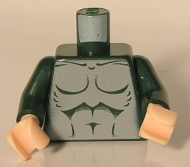 Lego Torso Light Bluish Gray Bare Chest with Muscles Outline Pattern / Dark Green Arms / Light Nougat Hands
