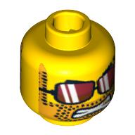 Lego Minifig Head Daredevil / Captain Stunt, Red Sunglasses with White Stripes, Clenched Teeth, Grin / Angry Print / Yellow