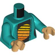 Lego Torso, Jacket, Black Shirt with Striped Yellow/Bright Light Orange/Orange Circle print, Dark Turquoise Arms, Warm Tan Hands / Dark Turquoise