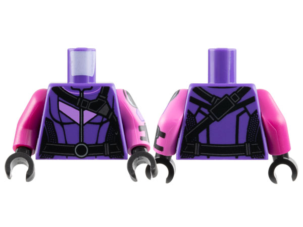 Lego Torso Female Shirt with Lavender Chevron and Black Side Panels, Straps, and Belt with Circle Buckle Pattern / Dark Pink Arm Left with Black Circle and Bracer Pattern / Magenta Arm Right / Black Hands