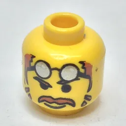 Minifig Head Docs / Cameraman, Moustache Brown Hair, Glasses on Forehead, Raised Eyebrow Print [Blocked Open Stud] / Yellow