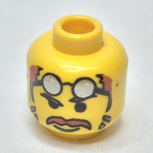 Lego Minifig Head Docs / Cameraman, Moustache Brown Hair, Glasses on Forehead, Raised Eyebrow Print [Blocked Open Stud] / Yellow
