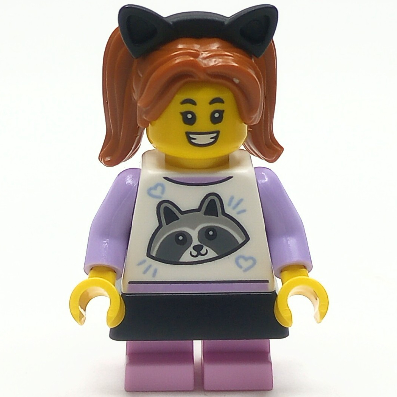 Lego Girl, Raccoon Shirt, Bright Pink Legs, Black Skirt and Cat Ears