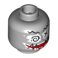Lego Minifig Head Statue, Painted, Scribbly Black Eyebrows, White Eyes with Swirl, X, Red Mouth, White Lips, Black Scribble / Light Bluish Gray