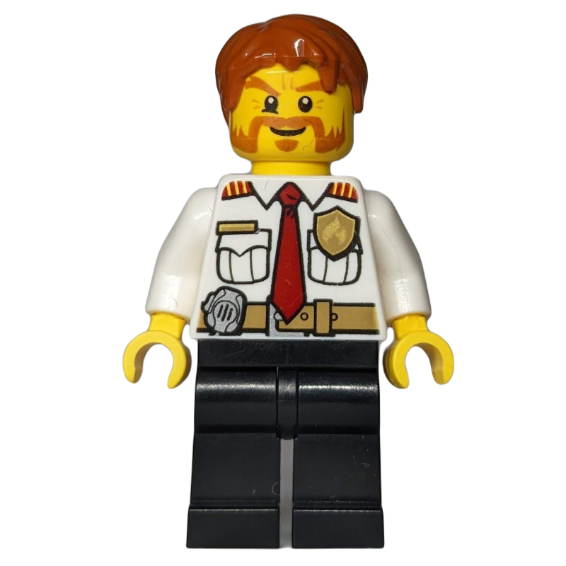 Lego Fireman, White Shirt with Red Tie, Badge, and Radio on Belt, Dark Orange Hair, Mutton Chops and Moustache