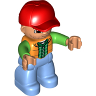 Lego Duplo Figure with Cap Red, with Orange Vest over Green Long Sleeve Shirt - Medium Blue Legs / Orange