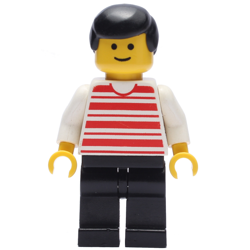 Lego Man, Red and White Striped Shirt, Black Legs, Black Hair