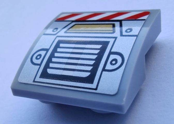 Lego Slope, Curved 2 x 2 x 2/3 Inverted with Silver Air Vent, Rivets and Red and White Danger Stripes Pattern Model Bottom (Sticker) - Set 80012