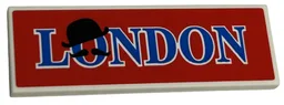 Tile 2 x 6 with Blue 'LONDON', Black Bowler Hat and Moustache on Red Background Pattern (Sticker) - Set 40569