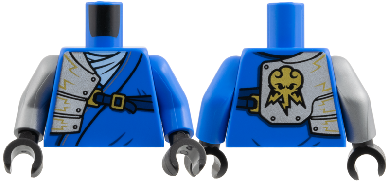 Lego Torso Tunic, Bright Light Blue Scarf, Silver Right Armor with Gold Lightning, Dark Blue Strap Pattern / Blue Arm Left / Flat Silver Arm Right / Black Hands