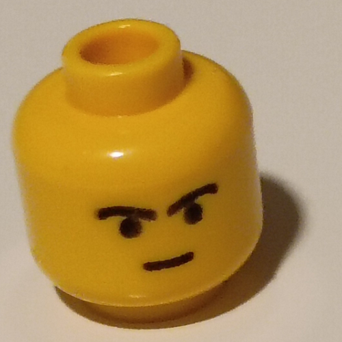 Lego Minifig Head Boba Fett, Straight Small Smile and Black Curved Eyebrows Print / Yellow