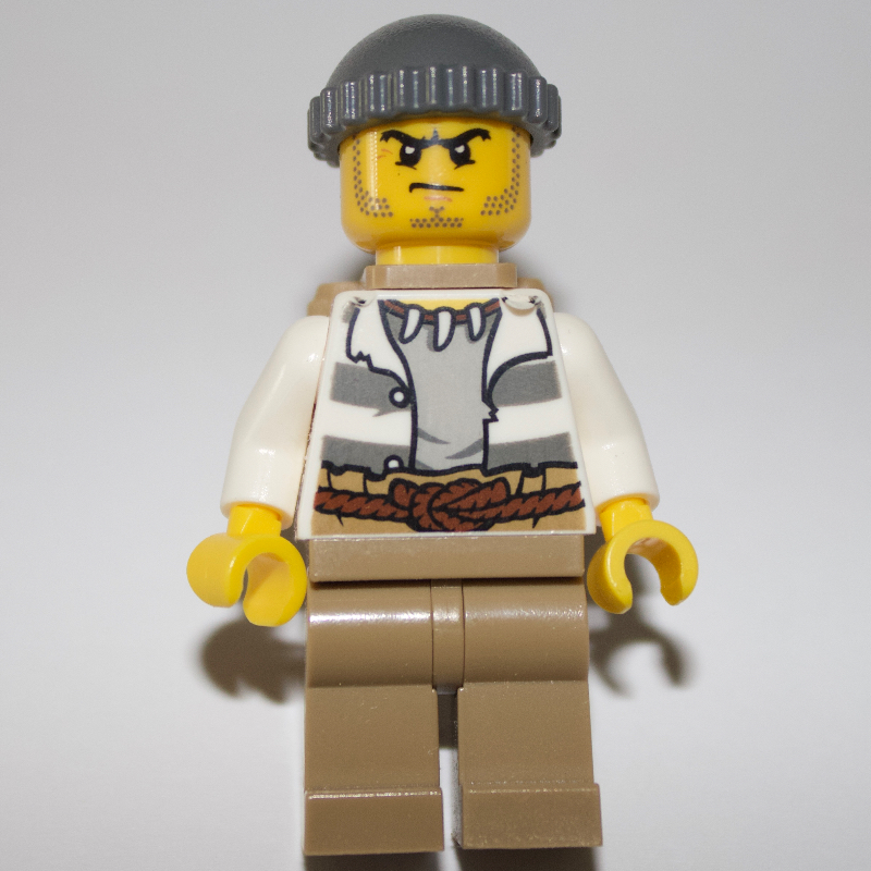 Lego Criminal, Open Prison Shirt, Dark Tan Legs, Dark Bluish Gray Hat, Backpack