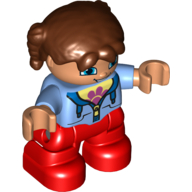 Lego Duplo Figure Child with Pigtails Reddish Brown, with Medium Blue Jacket over Shirt with Pink Flower - Red Legs / Medium Blue