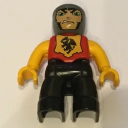 Duplo Figure with Rounded Head with Black Legs, Red Chest, Bright Light Orange Arms and Hands, Smirk / Red