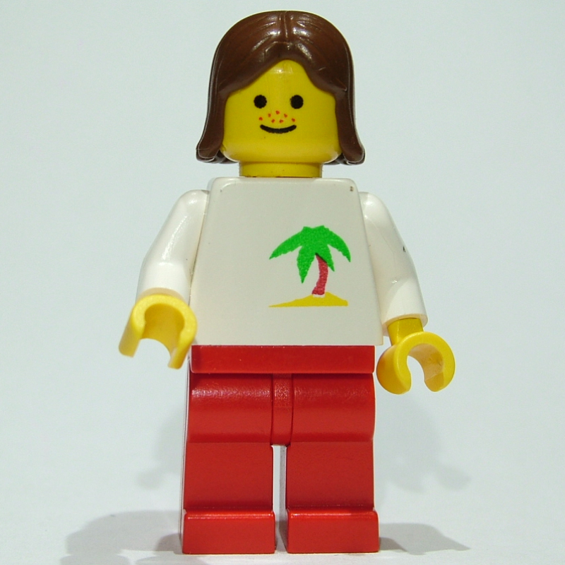 Lego Woman, White Torso with Palm Tree, Red Legs, Brown Hair