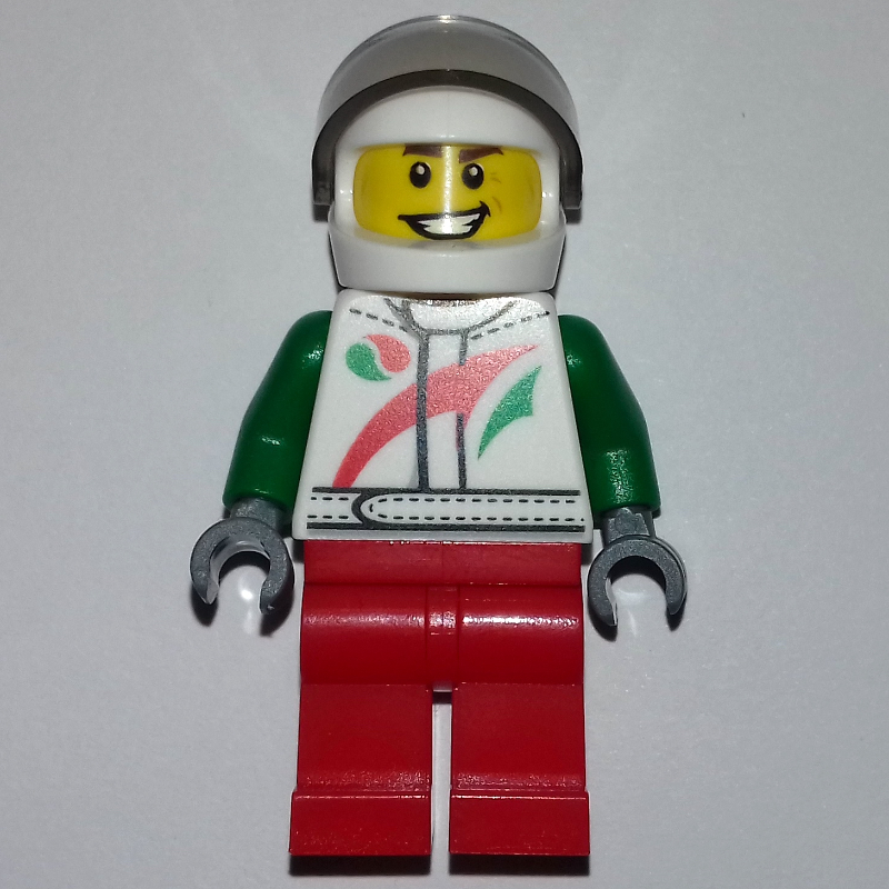 Lego Racer, White and Green Jacket with Octan Logo, Red Legs, White Helmet with Trans-Brown  Visor