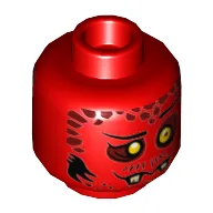 Minifig Head Bookkeeper, Dual Sided, Yellow Eyes, Dark Red Spots, Broken Fangs, Goofy Open Smile Teeth / Closed Mouth Print [Hollow Stud] / Red
