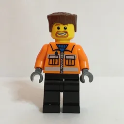 Construction Worker, Orange Jacket with Zipper and Reflective Stripes, Black Legs, Reddish Brown Hair, Goatee Beard