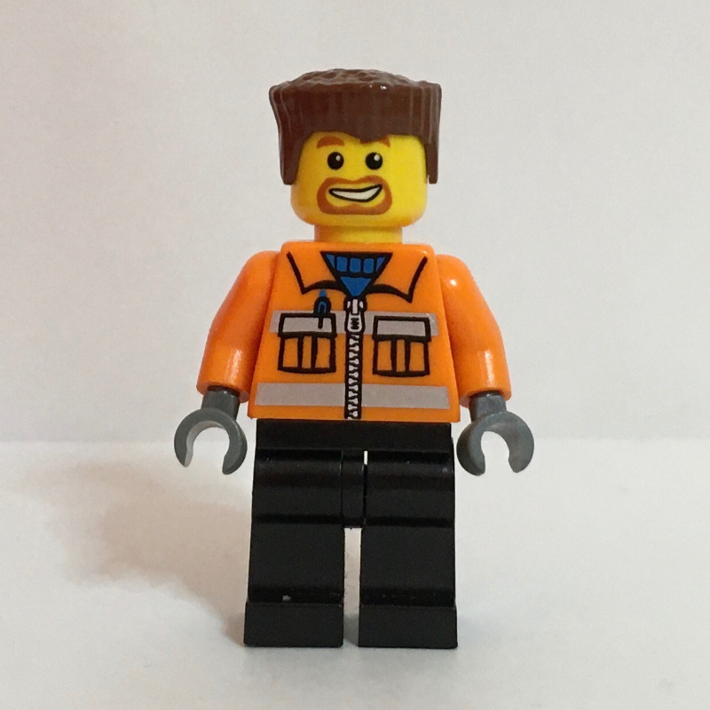 Lego Construction Worker, Orange Jacket with Zipper and Reflective Stripes, Black Legs, Reddish Brown Hair, Goatee Beard