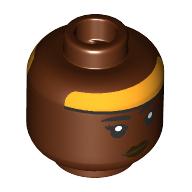 Lego Minifig Head Yesi Scala, Black Eyebrows, Dark Brown Lips, Bright Light Orange Headband, Angry/Grin / Reddish Brown