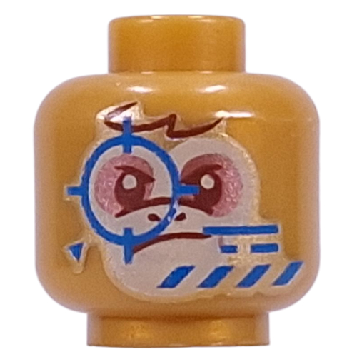 Lego Minifig Head Albert, Tan Face, Medium Nougat Eyeshadow, Queasy / Determined, Blue Crosshairs print / Pearl Gold