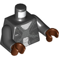 Lego Torso Leather Jacket, Chains Across Chest, White Shirt, Skull Print, Black Arms, Reddish Brown Hands / Black