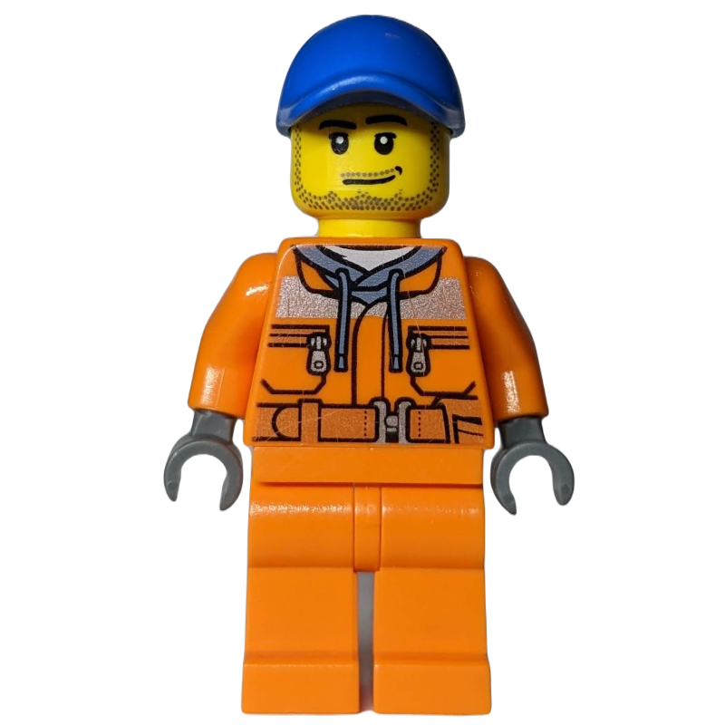 Lego Construction Worker, Safety Jacket over Hoodie with Belt, Orange Legs, Blue Cap, Stubble