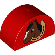 Duplo Brick 2 x 4 x 2 Curved Top with Horse Head in Horseshoe Print / Red