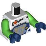 Lego Torso Space Suit, Dark Blue and Sand Blue Panel, Gold Lines, Classic Space Logo Print, Bright Green Arms, Dark Blue Hands / White