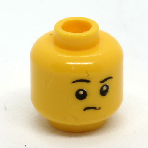 Lego Minifig Head Child, Raised Right Eyebrow / Eyes Closed Raised Eyebrows Print / Yellow