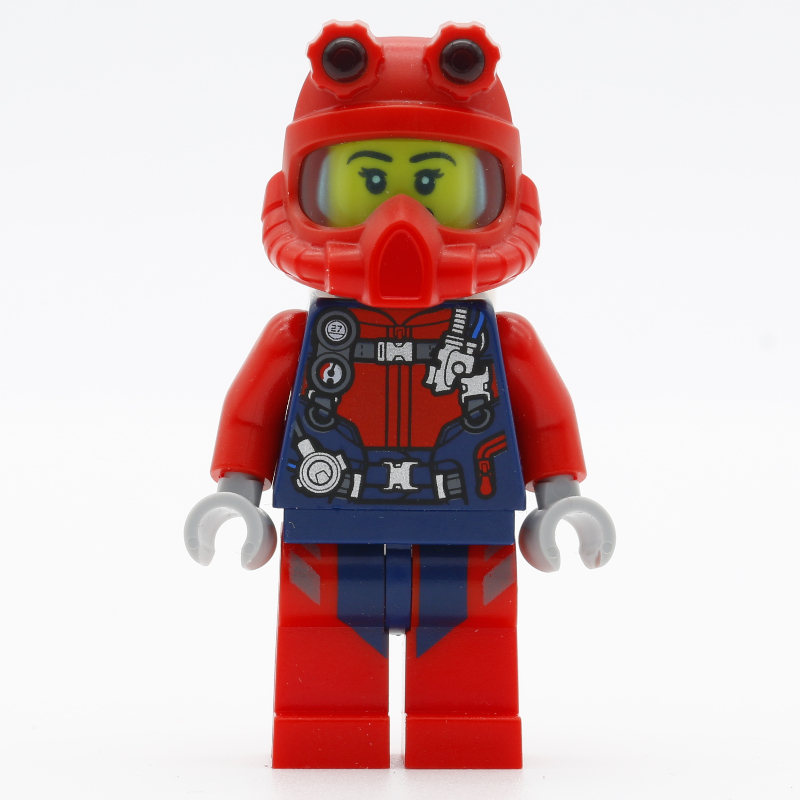 Lego Diver, Woman, Red and Dark Blue Wetsuit with Straps and Gauges, Red Diving Helmet, Airtanks, Open Mouth