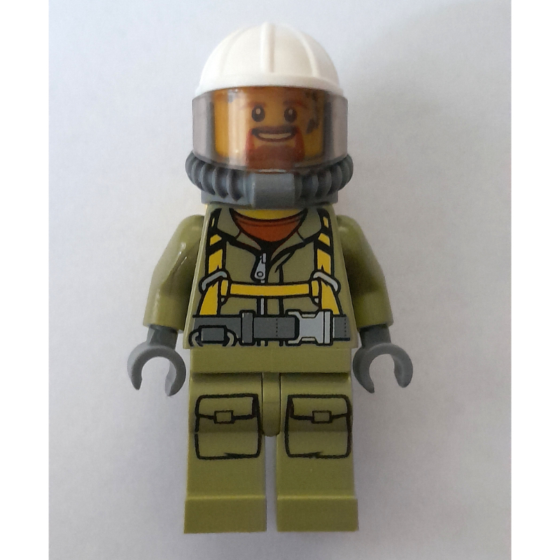 Lego Volcano Explorer, Man, Olive Green Jumpsuit with Straps, White Hard Hat with Visor, Breathing Apparatus, Airtanks, Goatee Beard