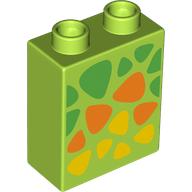 Lego Duplo Brick 1 x 2 x 2 with Bottom Tube, Green, Orange, and Yellow Triangular Spots Print / Lime