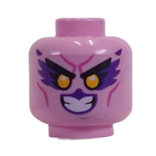 Lego Minifig Head, Dark Purple Eyeshadow, Beak, Dark Pink Lines print / Bright Pink