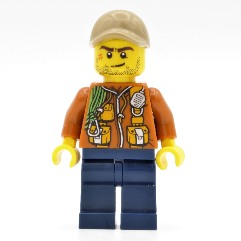 Lego Explorer, Jacket with Pouches, Radio, and Rope, Dark Tan Cap, Stubble and Scar