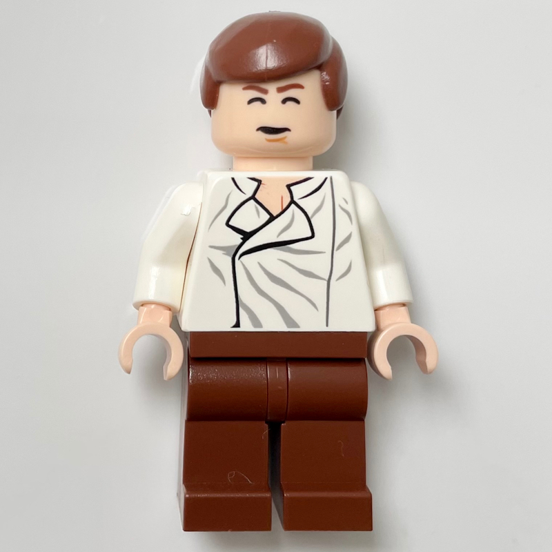 Lego Han Solo, White Shirt, Reddish Brown Legs, Dual Sided Head Closed Mouth / Closed Eyes