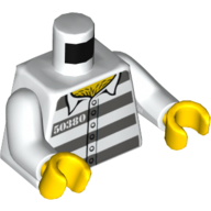Lego Torso Prisoner Shirt with Dark Bluish Gray Stripes, '50380', 6 Buttons Print, White Arms, Yellow Hands / White