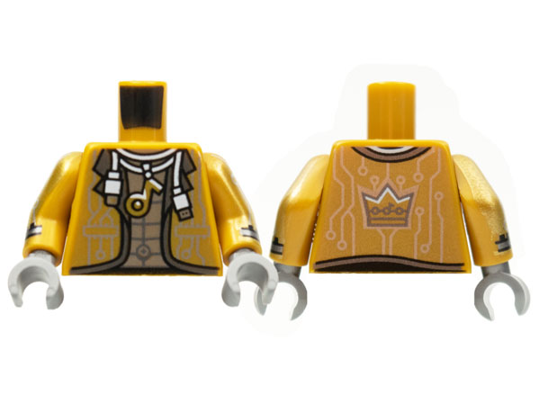 Lego Torso Jacket, White USB Cable Necklace with Music Note and Silver Circuitry, Crown on Back Pattern / Pearl Gold Arms with Cuff and Silver Circuitry / Flat Silver Hands