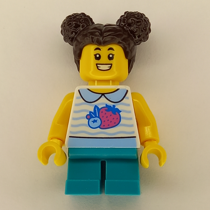 Lego Girl, White Vest, Short Dark Turquoise Legs, Dark Brown Hair