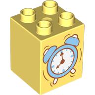 Lego Duplo Brick 2 x 2 x 2, Alarm Clock Print, Stuffed Bunny on Back print / Bright Light Yellow