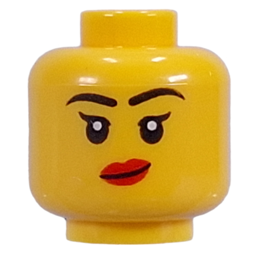 Lego Minifig Head, Black Eyebrows, Angry Scowl, Dark Red Lips print / Yellow