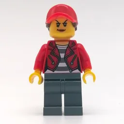 Criminal, Woman, Open Red Jacket over Prison Shirt, Red Cap with Hair