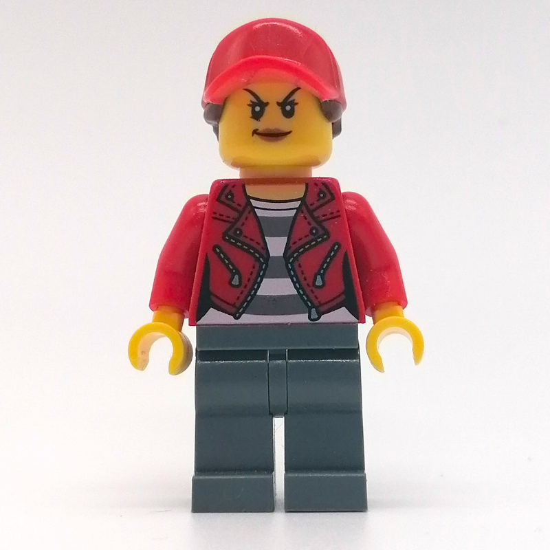 Lego Criminal, Woman, Open Red Jacket over Prison Shirt, Red Cap with Hair