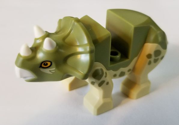 Lego Animal, Dinosaur, Triceratops, Baby, Tan Underside, Olive Green Spots Print / Tan