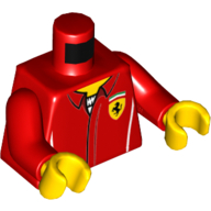 Lego Torso Racing Jacket with Ferrari Logo over White Shirt Print, Red Arms, Yellow Hands / Red
