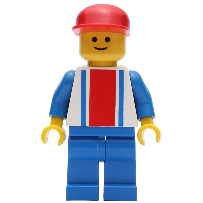 Lego Man - White Torso with Blue/Red Stripes, Blue Legs, Red Cap